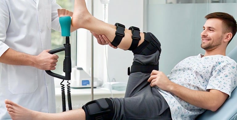 Physiotherapist guiding balance exercise after ankle ligament injury.