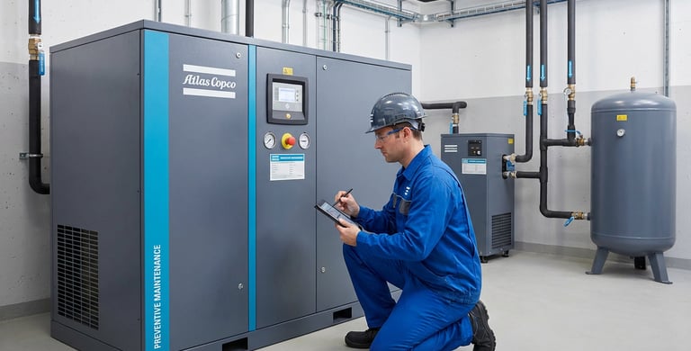 technician performing preventive maintenance on industrial air compressor