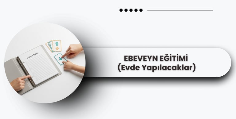 Ebeveyn eğitimi ve evde yapılacakları simgeleyen rehber dosya ve etkinlik kartları.