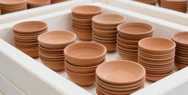 Organized stacks of terracotta bowls and plates in a large, clean kiln, warm earthy tones, bright natural light, 35mm