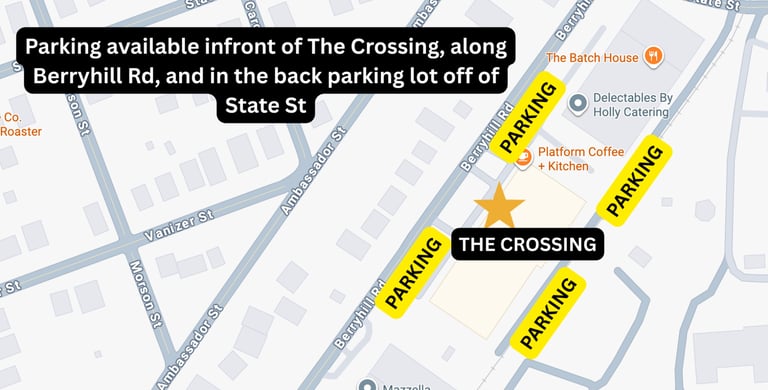 Parking is accessible on Berryhill Road and behind the venue building