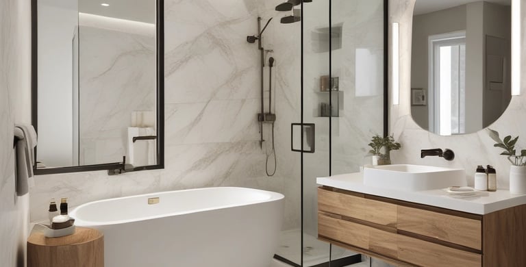 A luxurious bathroom with custom vanities and millwork.