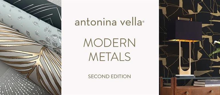 Modern metallic wallpaper rolls and black gold geometric patterns by Antonina Vella.