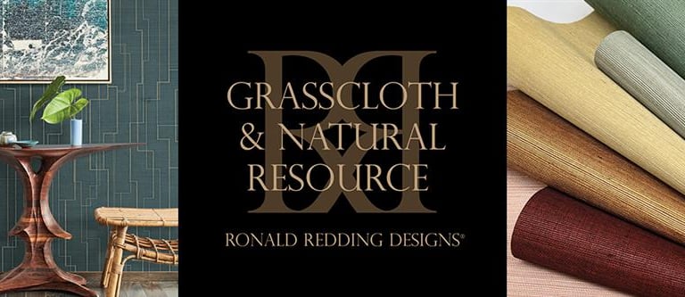 Ronald Redding Designs luxury textured grasscloth wallpaper swatches and interior room setting.