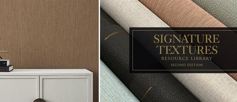 Signature Textures textured wallpaper swatches and a room interior with brown fabric effect wallcovering.