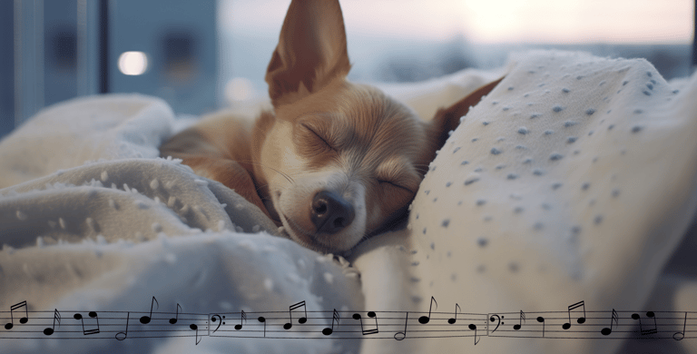 Dog sleeping in bed, covered with a blanket, with musical notes below.