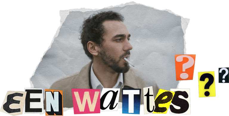 'Een wattes?' uitgeknipte letters met afgescheurd stukje foto van rokende jonge man