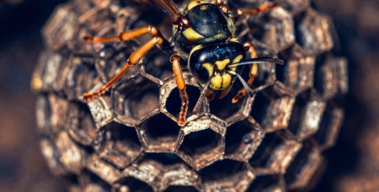 Close-up of a Vespa Velutina on a tree branch in a forest setting.