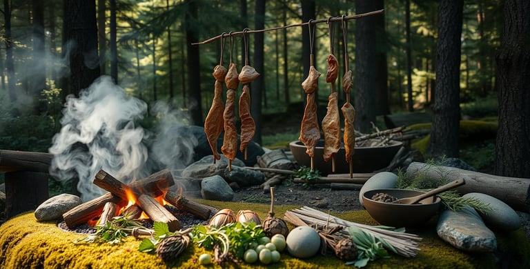 smoky fire pit with hanging meats
