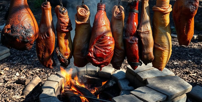 a smoky outdoor cooking set-up with various meats hung over a fire