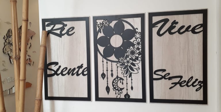 triptico atrapasueños y flores en madera calado con laser