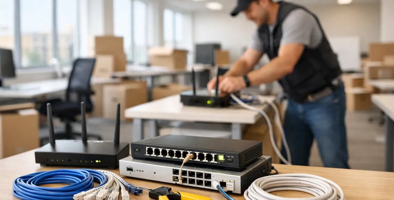 A network technician installs hardware including Ethernet switches, routers, and cables in an office.