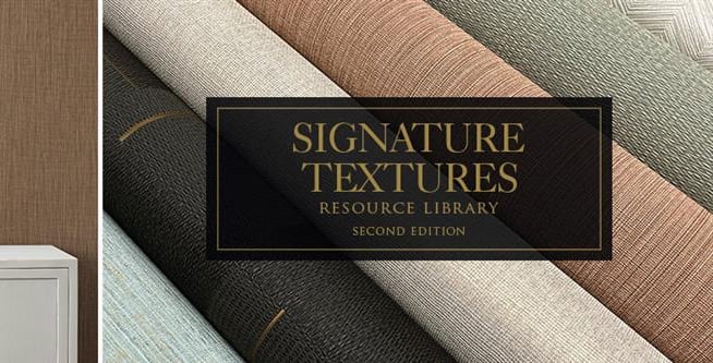 Signature Textures textured wallpaper swatches and a room interior with brown fabric effect wallcovering.