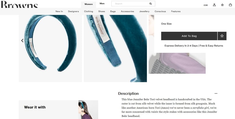 Screenshot of a teal velvet hairband my product description