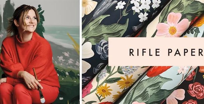 Artist Anna Bond with colorful Rifle Paper Co floral wallpaper designs and botanical patterns.