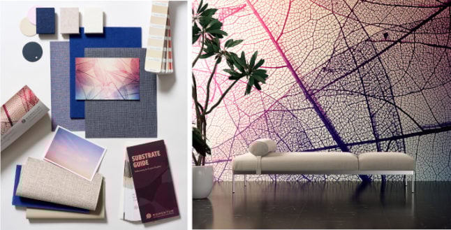 Custom wall covering mood board featuring purple leaf skeleton mural and fabric swatches for interior design.