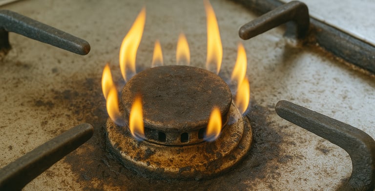 Close-up of dirty gas burner with yellow flame on bright greasy stovetop – gas burner repair Ottawa