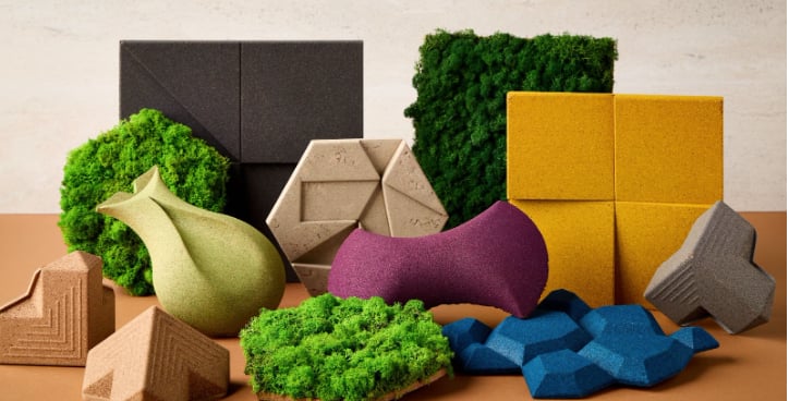 Modern acoustic wall panels and decorative 3D textures in various geometric shapes and earthy colors.