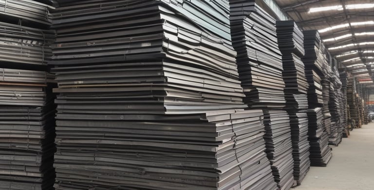 A bustling warehouse filled with stacks of iron sheets and workers organizing shipments.