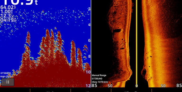 suspended bass on 2D and side imaging on Garmin sonar