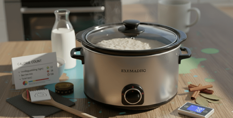 A modern slow cooker filled with rice pudding in the final cooking stage. Wooden spoon resting besid