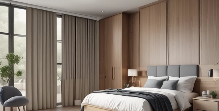 A cozy bedroom featuring custom wardrobes and soft lighting.