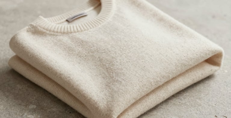 Editorial portrait of a premium cream-colored wool sweater folded on a stone surface, natural diffused light.