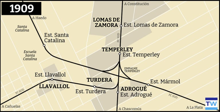 Temperley Llavallol mapa de la red ferroviaria 1909