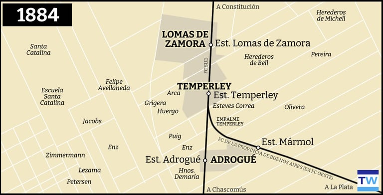 Temperley Llavallol mapa de la red ferroviaria 1884