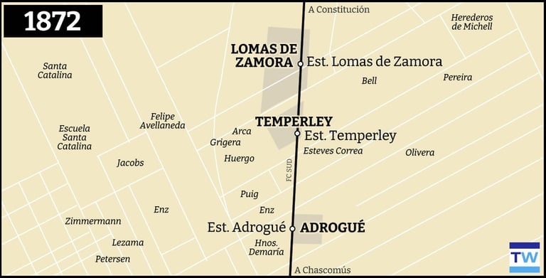 Temperley Llavallol mapa de la red ferroviaria 1872