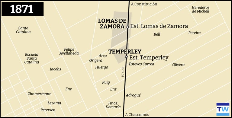 Temperley Llavallol mapa de la red ferroviaria 1871