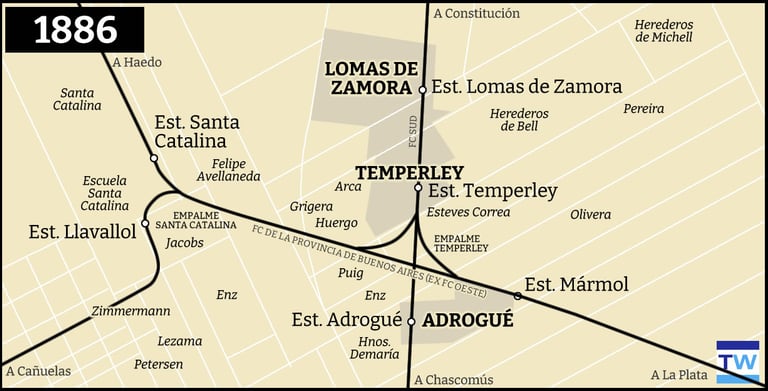 Temperley Llavallol mapa de la red ferroviaria 1886