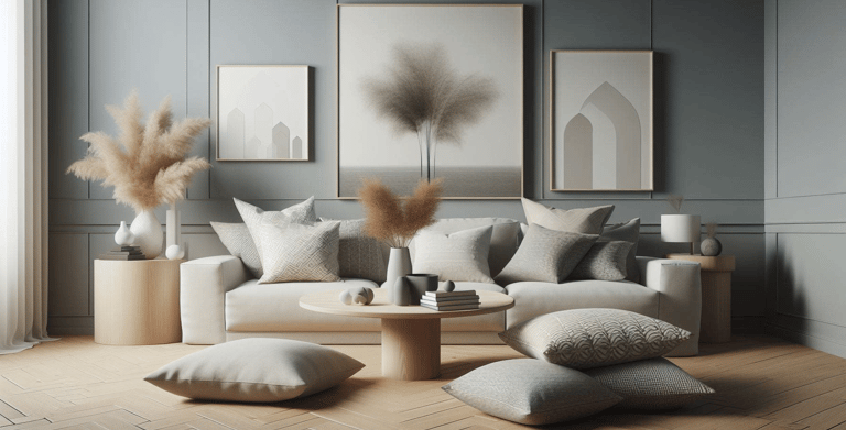 Interior design trend: pared-back throw pillows blending seamlessly into the overall space.