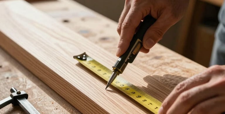 Close-up of hands measuring a thick oak door stile on a workbench, cross-light from a north-facing window raking across the grain, a steel marking gauge resting beside the wood, sawdust visible on the bench surface