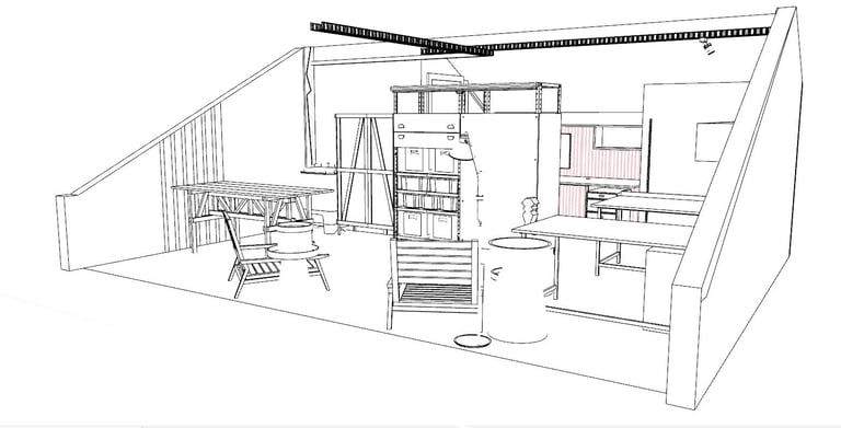 Perspectiva 3D do layout do estúdio Arqmaisart com móveis planejados e estrutura aparente