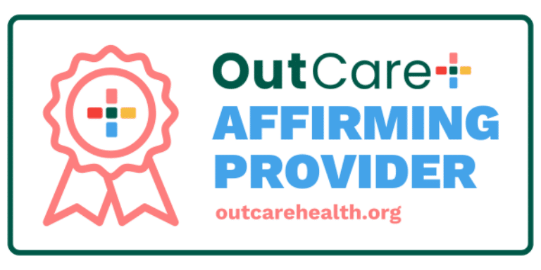 Text reads: OutCare Affirming Provider in a green box