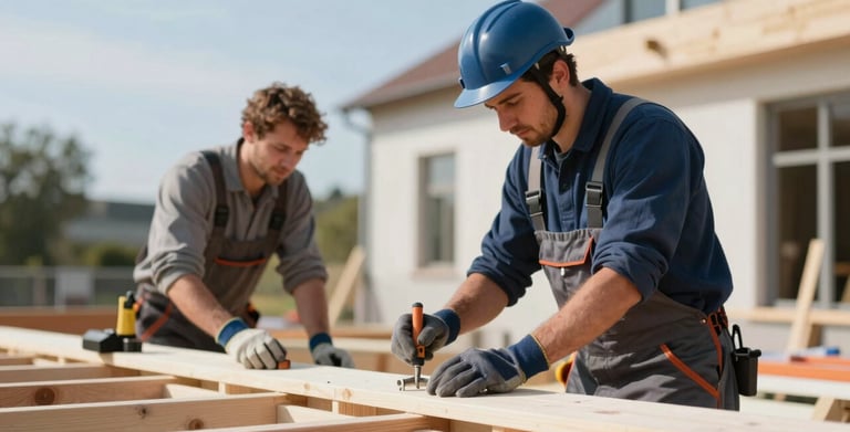Skilled craftsmen working on a sustainable building project in Europe. One worker is using advanced tools while wearing professional safety gear. The lighting is crisp, natural daylight. Color palette includes #0A192F and #EAF2F8. Clean and modern aesthetic.