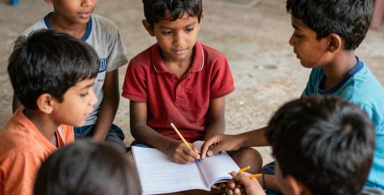 Children engaged in a lively outdoor learning session under a bright sky.