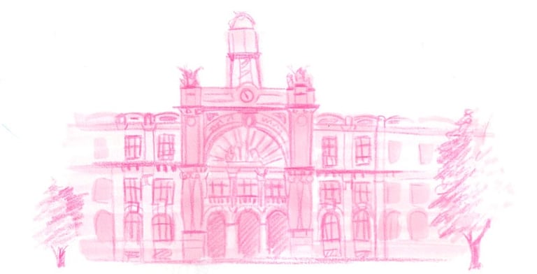 Ilustración de un edificio con rotulador de alcohol y lápiz en tonos rosas