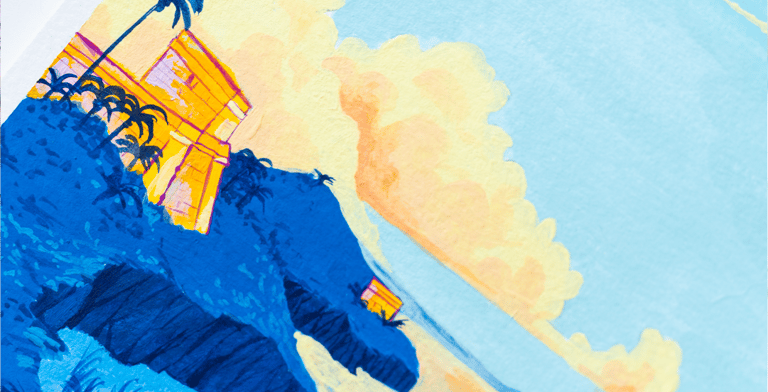 ilustración en tonos amarillos y azules de un paisaje de playa inspirado en la costa de Tulum. Hecho en gouache