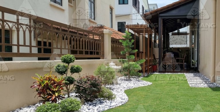 Side garden with stone landscaping and timber pergola – Yie Yang Landscape, Malaysia
