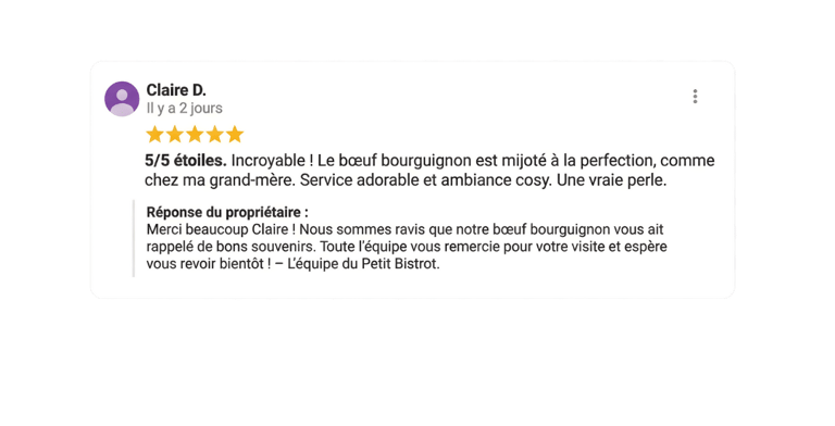 Exemple d'un avis Google d'un établissement, avec la réponse rédigée par Notiia