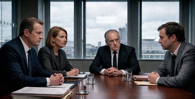 Single man on right hand side of a table facing a disciplinary panel of 3 (2 male, 1 female)