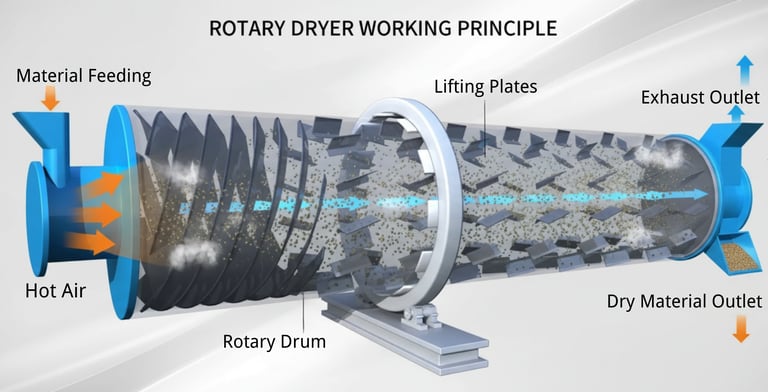 Rotary drum dryer working principle with hot air flow and lifting plates.