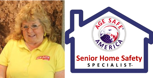 Smiling woman in yellow shirt beside Age Safe America senior home safety logo