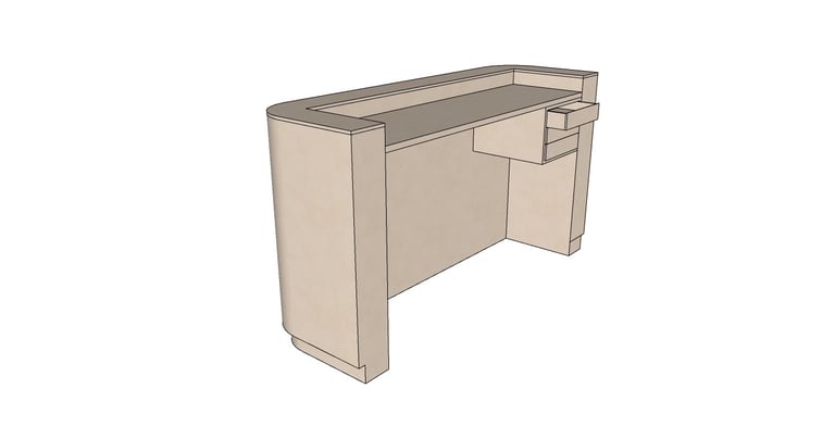 Modern tan reception desk featuring a curved corner and built-in drawers for office furniture design.
