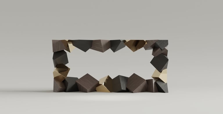 Console Pyrite en noyer et laiton poli, cubes imbriqués et tronqués