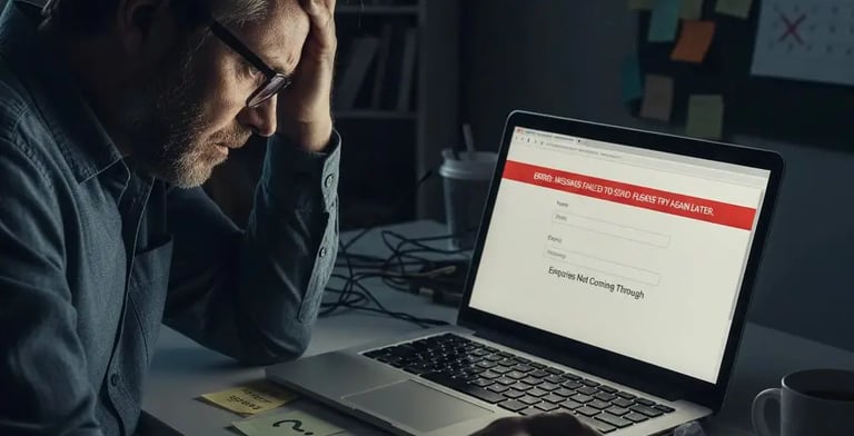 Business owner looking stressed while checking a website contact form on a computer