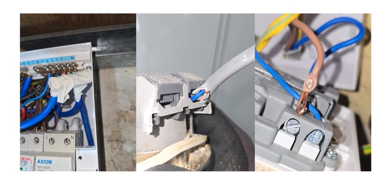 EICR inspection in Thurrock showing unsafe electrical connections, damaged cable insulation and poorly terminated conductors.