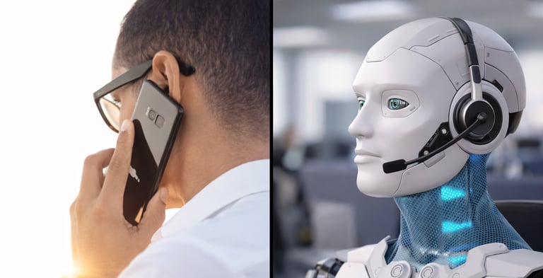 support agent on a phone call and an AI voice agent using a headset,
